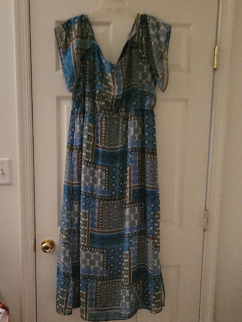 Robert Louis Blue Patchwork Maxi Dress with V-Neck
